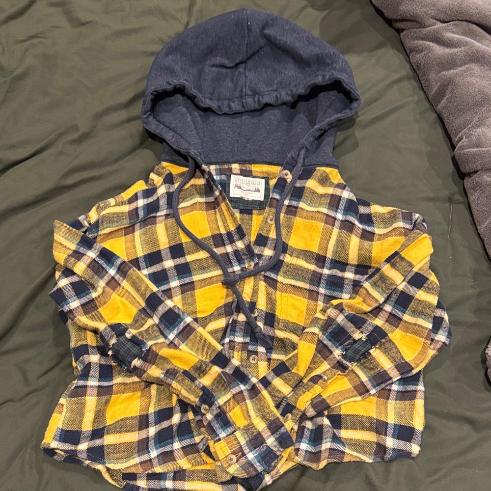 American Eagle Outfitters Plaid Shirt with Hoodie - Yellow Navy Brown and White